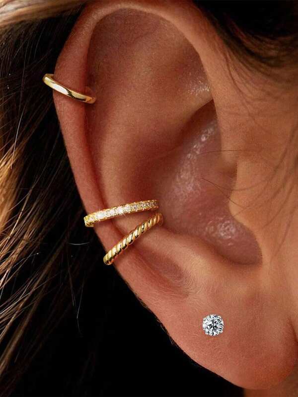 4pcs/Set C-Shaped Clip-On Earrings Set,Cubic Zirconia Ears Cuff And Stud Earrings,For Women's Daily Wear, Party, And Special Occasions,Jewelry Accessories Gift For Women