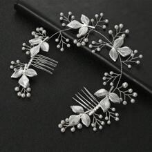 1 Stück Damen Haarschmuck aus Zinklegierung im koreanischen Stil, elegante handgefertigte Haarkamm mit weißer Perlen-Blätter-Optik