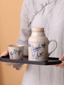 1 套复古大容量茶壶、杯子和盖子，三合一陶瓷茶壶带手柄，热水壶带杯子和盖子，适合家庭、办公室、礼物或旅行返校 - 彩色 - 查看 6