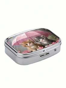 1 pieza Caja de metal para pastillas con 2 compartimentos y diseño de gatito bajo un paraguas, caja de pastillas portátil y mini para viaje o uso diario