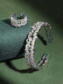 rakol 2pcs Fashionable Cubic Zirconia Asymmetrical Decor Ring And Bracelet Set - Silver - View 2