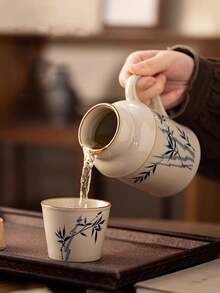 1 套复古大容量茶壶、杯子和盖子，三合一陶瓷茶壶带手柄，热水壶带杯子和盖子，适合家庭、办公室、礼物或旅行返校 - 彩色 - 查看 5