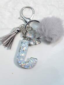 1 件首字母银色闪光钥匙扣，树脂滴蝴蝶吊坠，包/车装饰，男女通用礼物汽车配件包魅力学校可爱哥特 Y2k - 銀色 - 查看 27