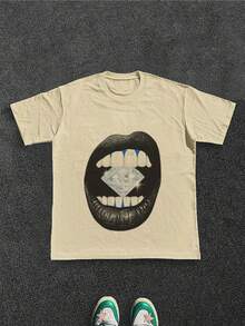 Glamorous And Luxury Inspired Men's T-Shirt With Diamond Mouth Graphic, 100% Cotton 220g - 杏色 - 查看 1