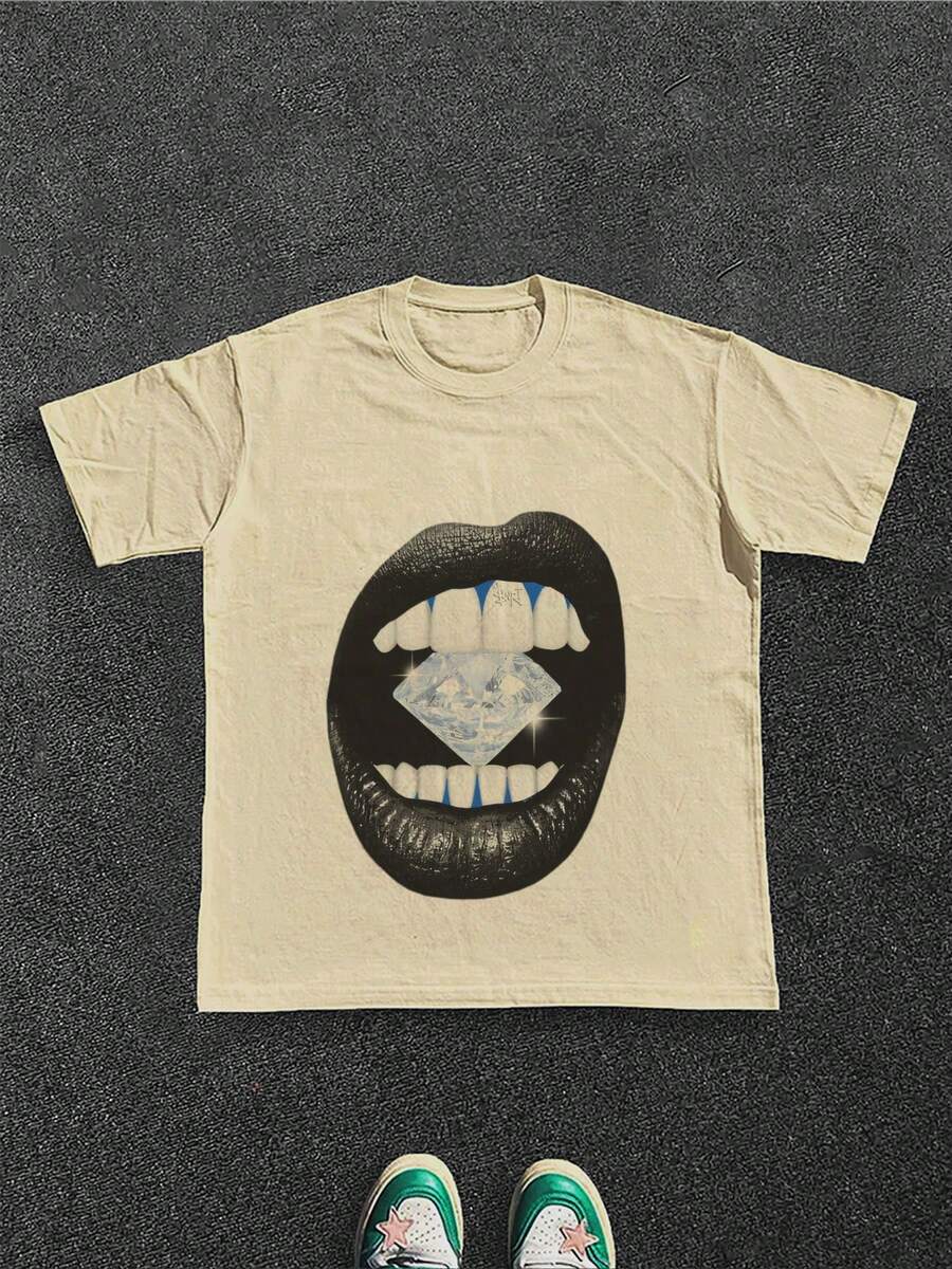 Glamorous And Luxury Inspired Men's T-Shirt With Diamond Mouth Graphic, 100% Cotton 220g - 杏色 - 查看 1