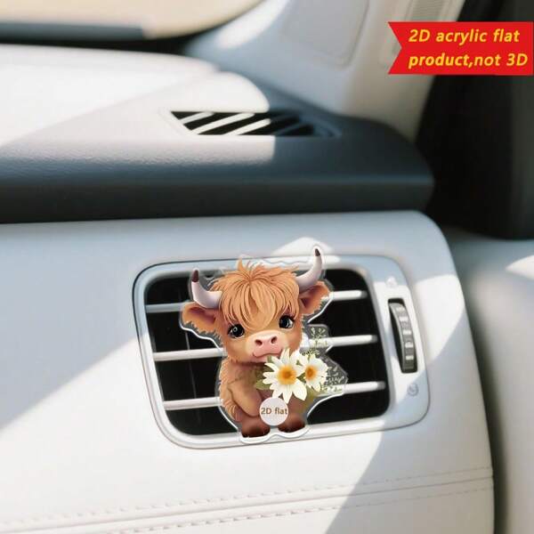1pc Cute Highland Cow Car Air Freshener - 2D Flat Acrylic Car Air Conditioner Fragrance Diffuser, Decorative Brown Calf And Flower Vent Clip, With Two Scent Pads, Odor Removal + Random Scents, Car Interior Decoration - Fresh Car Air Freshener Accessories, Perfect Gift For Family And Friends