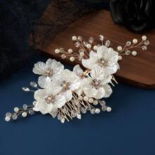 1 Stück Damen Retro Zinklegierung Weiß Muschel Blume Handgefertigt Perlen Kristall Haarkamm, Koreanischer Stil Braut Hochzeitskleid Kopfschmuck