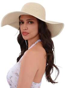 1pc Grass Edge Banding Women Solid Boho Straw Hat For Vacation Fashionable Women's Spring/Summer Beach Hat With Wide Brim, Sun Protection, And Personalized Woven Straw Hat For Travel And Vacation Bow