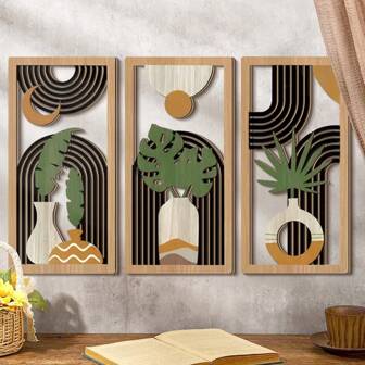 3 件波西米亚风格迷你墙饰木制波西米亚木质植物墙标牌装饰悬挂艺术牌匾标志装饰，农舍几何悬挂装饰美学木质极简主义艺术适用于公寓（卧室自粘式）