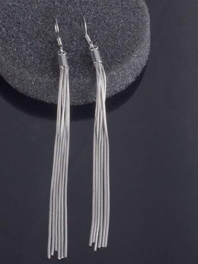 1 对银色流苏长吊坠耳环，百搭女士吊坠耳环