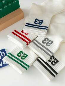 5 双儿童透气网眼运动袜，条纹和数字设计中筒袜，适合学生返校/休闲日常穿着，四季皆宜