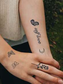 1 Sheet Herbal Floral Temporary Tattoos Stickers, Rose, Butterfly, Moon, Heart Design, Long Lasting 7-14 Days, Waterproof, Sweatproof, Suitable For People - Black - View 3