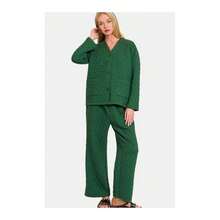 Zenana Quilted Button Up Long Sleeve Top And Pants Lounge Set - Dark Green - View 3