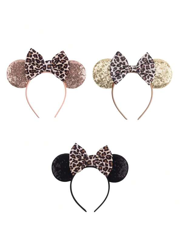 Disney Disney Fashionable Minnie Mickey Mouse Leopard Print Headband. Women Cartoon Cute Mouse Ear Sequin Bow Hairband, Princess Style Party Hair Accessories Gift Box (Random Accessories)