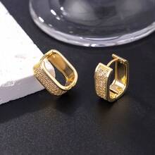 Pair Of Gold Square Hoop Earrings With Shiny Stones - Fashion Style For Ladies - 方四排鑽 - 查看 5