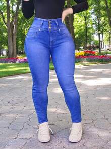 Pantalon jeans sin bolsas de mezclilla estilo skinny stretch  para dama mujer ajustado push up cintura alta corte colombiano - Azul Jaspeado - Ver 2