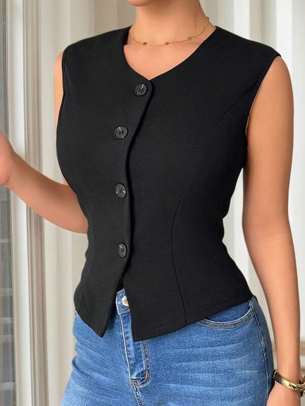 2025 Spring/Summer New European & American Style Women Casual Solid Color Single Breasted Vest Tank Top Round Neck Sleeveless Blouse, Simple For Daily Wear