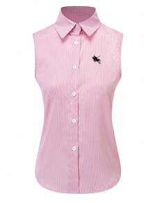 女士翻领条纹撞色刺绣休闲修身无袖开衫衬衫，夏季新品系列