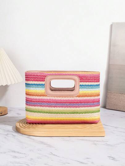 Colorful Woven Bag, Holiday Straw Bag, Travel Bag, Fashionable Portable Storage Bag, Beach Bag, Straw Handbag, Mini Straw Handbag, Straw Clutch, Straw Evening Bag, Summer Essential Item, Best Match, Perfect For Women, Girls, Students, Travel, Holiday, Beach, Festival, Party, Gift