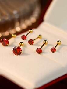 6 件/套优雅简约女士耳环，钛钢镶嵌人造锆石耳钉，闪亮且方便穿耳环