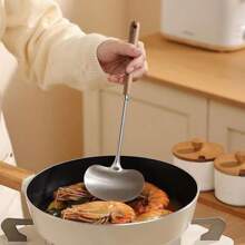 1 pieza Espátula de hongo de madera de nogal, apta para la cocina y el campamento al aire libre, se usa para cocinar alimentos y artículos esenciales del hogar, espátula pequeña para utensilios de cocina del hogar, Cucharón de wok antiadherente de acero inoxidable 304, diseño resistente al calor y antideslizante, apariencia estilizada
