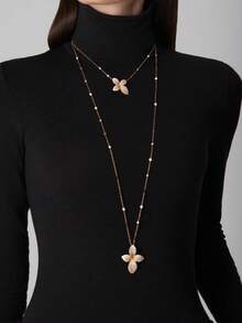 Secret Garden Flower Leaf Gold Long Necklace, Double-Layered Rhinestone Necklace, For Banquets, Parties And Daily Life - Gold - View 1