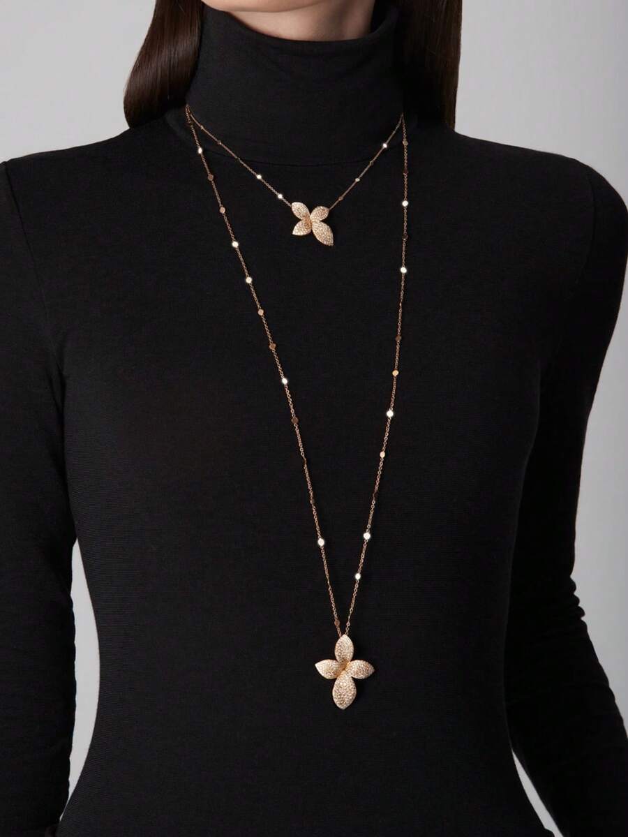 Secret Garden Flower Leaf Gold Long Necklace, Double-Layered Rhinestone Necklace, For Banquets, Parties And Daily Life - Gold - View 1