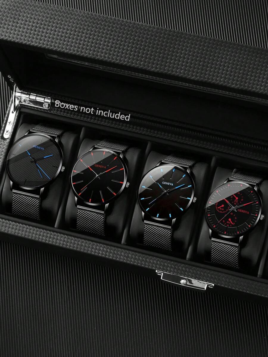 4 件套合金表带超薄石英手表套装，适合男士，商务休闲 - 送给父亲的礼物之选 - 黑色 - 查看 1