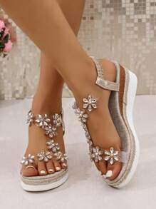 A Pair Of Wedge Sandals For Teenagers, Stylish And Versatile Girls' Shoes With Rhinestones And Thick Soles, Girls' High - Heeled Shoes With Soft Flower - Decorated Soles For Matching Dresses
