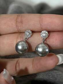 1 Paar glamouröse 925 Sterling Silber Ohrringe mit kubischem Zirkonia & Kunstperle, Partyschmuck Ohrringe für Frauen, Geschenkschmuck