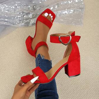 Women Elegant Velvet Open Toe Chunky Heel Sandals, Red Mid Heel Strap Buckle Design, Suitable For All Seasons, Imported Luxury Superfiber Rubber Bottom Dress Sandals