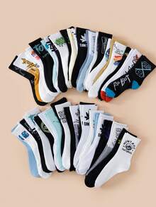 1/5/10 双随机男士百搭涂鸦字母印花休闲中筒袜，适合日常穿着，秋季 - 彩色 - 查看 4