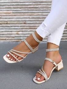 Women's Elegant Outdoor Party Solid Color Fashion Minimalist Rhinestone Decor Comfortable High Heel Sandals, Summer