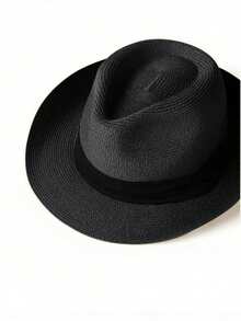 1pc Men's Panama Sun Hat With Black Strap, Woven Straw Cowboy Hat For Beach - Black Hat With Black Ribbon - View 2