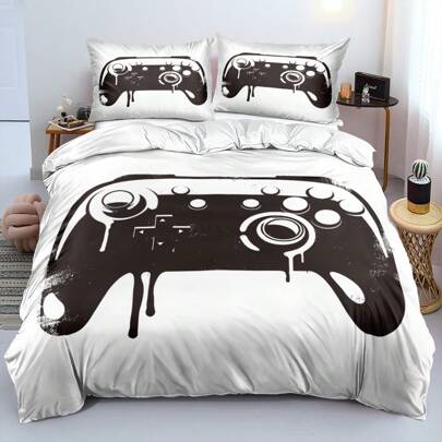 2/3 Peças Conjunto de Roupa de Cama com Estampa de Console de Jogo Preto 3D em Bottom Branco, Decoração de Quarto para Meninos e Meninas (Tamanho 135x200 Apenas 1 Fronha)