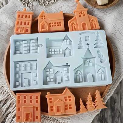 1 件圣诞主题硅胶模具，适用于粘土和树脂工艺 - DIY 手工皂和装饰铸件，带有树、房子和城堡设计 - 可重复使用的硅胶材料
