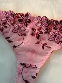 Cute-Sweet Underwire  Beautiful Embroidered Floral Lingerie Set, With Lined Comfortable Bra And Underwear, Wired Bra And Panties, For Outerwear, Daily Lingerie - 酒紅色 - 查看 4