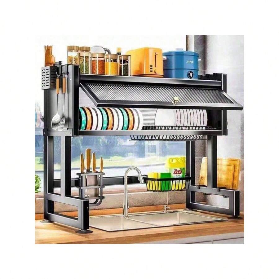 105cm Kitchen Dish Drainer Hanging Self-Supporting Modular Sink Rack Organizer Shelf Dust Cabinet Door - 105cm Black (set) - View 1