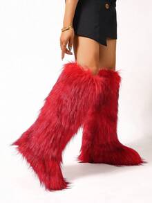 Women Faux Fur Boots, Solid Color Cute & Sexy Fabric Faux Fur Panel Design Fluffy Boots For Outdoor, Party, Holiday, Spring, Autumn, Winter