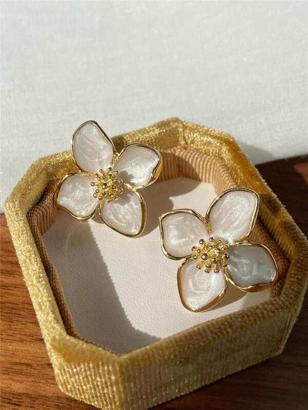 1 Pair Luoshen Enamel White Flower Drop Earrings For Women Daily Wear Accessory Valentine's Day