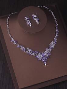 Original High-End And Atmospheric New Necklace+Pair Of Earrings Set, Purple, Blue, And Red Bridal Accessories, Wedding Dress, Stage, Evening Party, Banquet Accessories - 項鍊+耳環套裝 - 查看 1