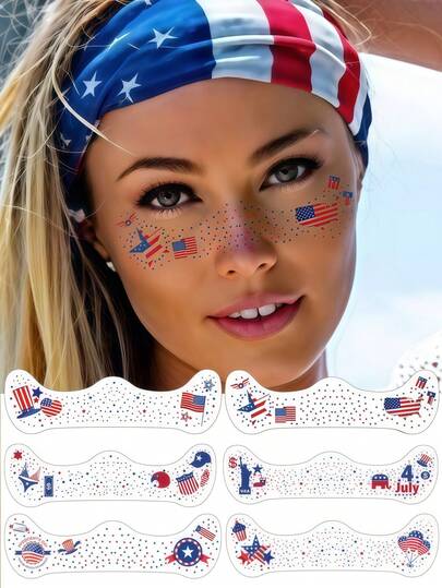 6张雀斑脸部纹身贴纸，7月4日装饰，星星脸部贴纸，雀斑纹身，独立日派对节日配饰，雀斑妆容