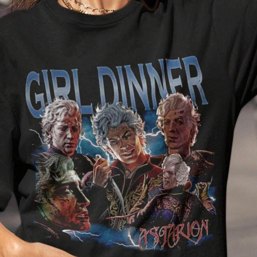 Astarion Oversized T-Shirt Baldurs Gate 3 Girl Dinner Vintage T-Shirt Astarion Girl Dinner Vintage Tee Girl Dinner T-Shirt UniseY2K Wo's 220g Thick Cotton T-Shirt With Butterfly Print Pattern, Suitable For Girls And Wo's Short Sved Round Neck Inspirational Shirt, Cute Aesthetic Y2K Style Summer Top, Suitable For Outdoor, Family, Work Or Street Wear Casual Loose Daily T-Shirt - Black - View 1