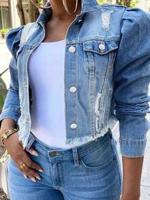 Distressed Hem Pocket Denim Jacket, Casual Street Style Versatile Fit, Elastic-Free, Suitable For All Seasons - Medium Wash - View 1