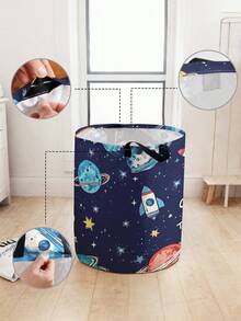 1pc Cartoon Spaceship Pattern Foldable Round Storage Basket With Handle, Large Capacity Multi-Purpose Storage Bin For Nursery, Diaper, Clothing, Baby Supplies Organization - Multicolor - View 4