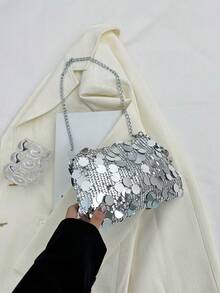 1pc Sequin Chain Strap Underarm Shoulder Bag, Personalized Texture Simple Chic Clutch Purse, Versatile For Evening - Bright silver - View 6