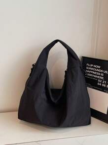 Bolsa de mão em tecido de nylon preto, nova coleção primavera/verão 2025, bolsa de ombro de grande capacidade em cor sólida, bolsa casual de tecido despojado, bolsa tote versátil estilo universitário, simples e moderna, bolsa de viagem com vários bolsos com zíper