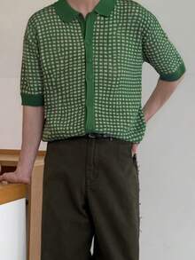 Unisex Casual Loose Fit Polo Collar Short Sleeve Knit Cardigan Top, Spring/Summer - Green - View 3