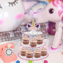 1pc 3-Tier Cardboard Cupcake Stand, Tower Round Cake Stand Holder, Reusable Dessert Holder Donuts Display Table, Wedding/Christmas/New Year/ Unicorn Theme Party Decoration Supplies
