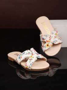 1 双幼儿/女童时尚一脚蹬拖鞋，彩色柔软 PU 材质圆头露趾平底舒适可爱罗马沙滩凉鞋，适合 3-15 岁女孩，休闲、沙滩、夏季新品